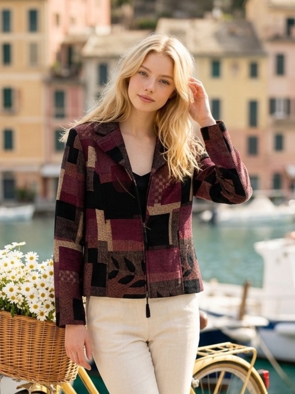 Dress Barn Burgundy Black and Tan Geometric Zip Jacket